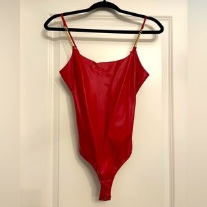 GUESS Faux Leather Bodysuit with Gold Chain Straps